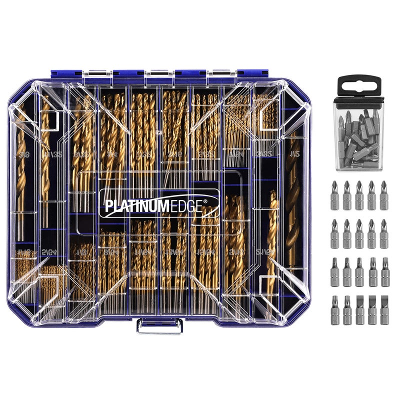 PLATINUMEDGE 276pc Titanium Twist Drill Bit Set with S2 Bits 135Â° Tip High Speed Steel, Size from 1/16" up to 1/2", Ideal in Wood Cast Iron Aluminum Alloy Plastic Fiberglass, Clear Lid Case - Image 1